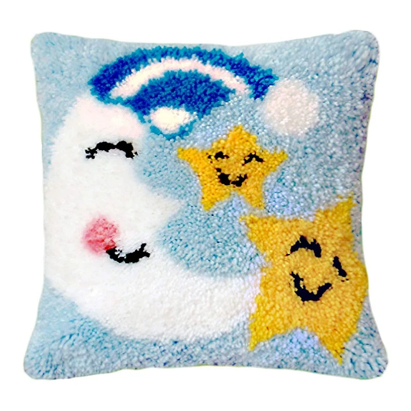 

Latch Hook Kit DIY Pillow Cover Handcraft Printed Embroidery Set Crochet Needlework Crafts For Kids & Adults Moon & Star