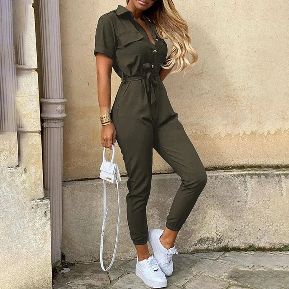 

Summer Casual Short Sleeve Rompers Womens Jumpsuit Pure Color Button Overalls For Women Fashion Lace Up Slim Jumpsuit Women