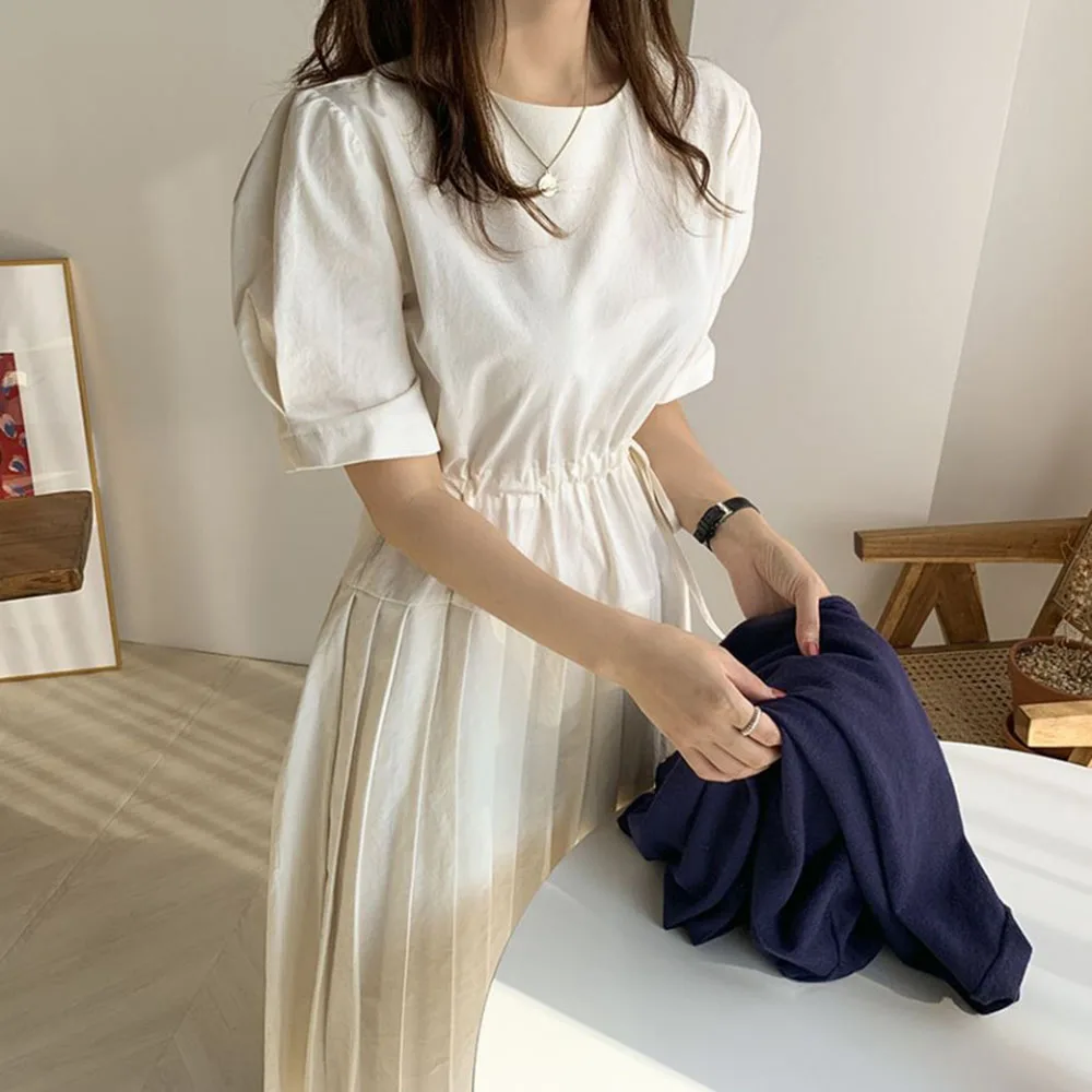 

Japanese Korean Version Fashion Summer Women's Dress 2021 Loose Casual Solid Color Draw Back Round Neck Puff Sleeve
