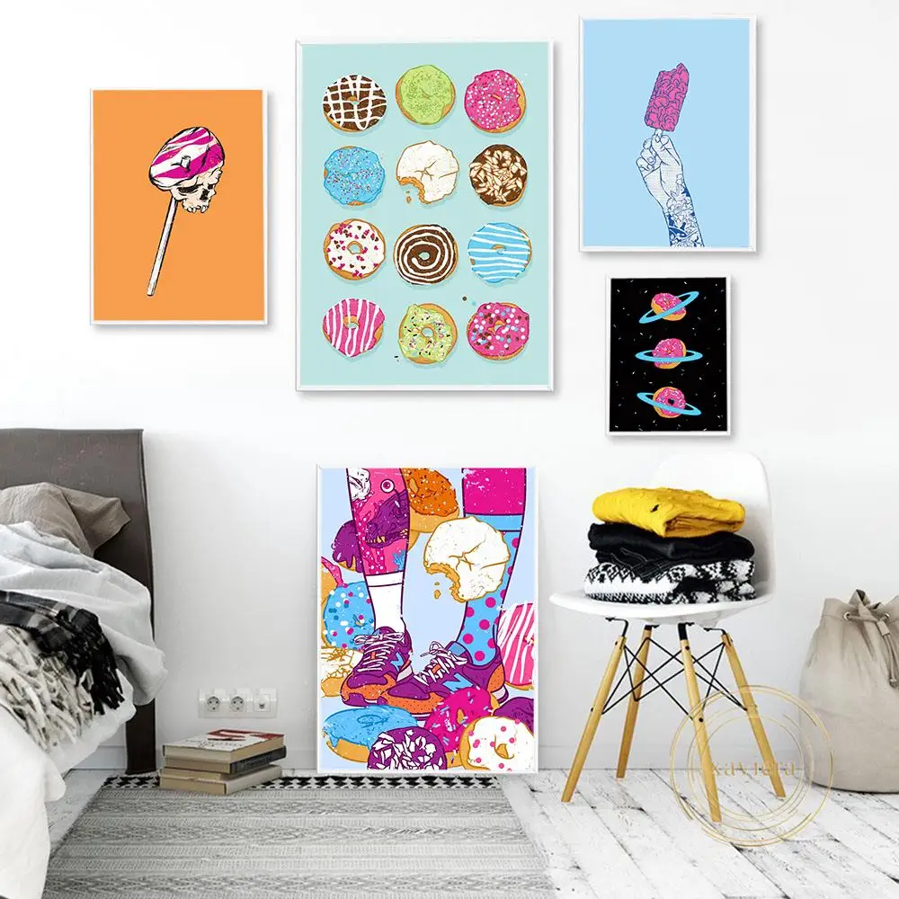 

Cartoon Colorful Donut Ice Cream Posters and Prints Nordic Modern Dessert Wall Art Canvas Painting Interior Decoration Cafe Bar