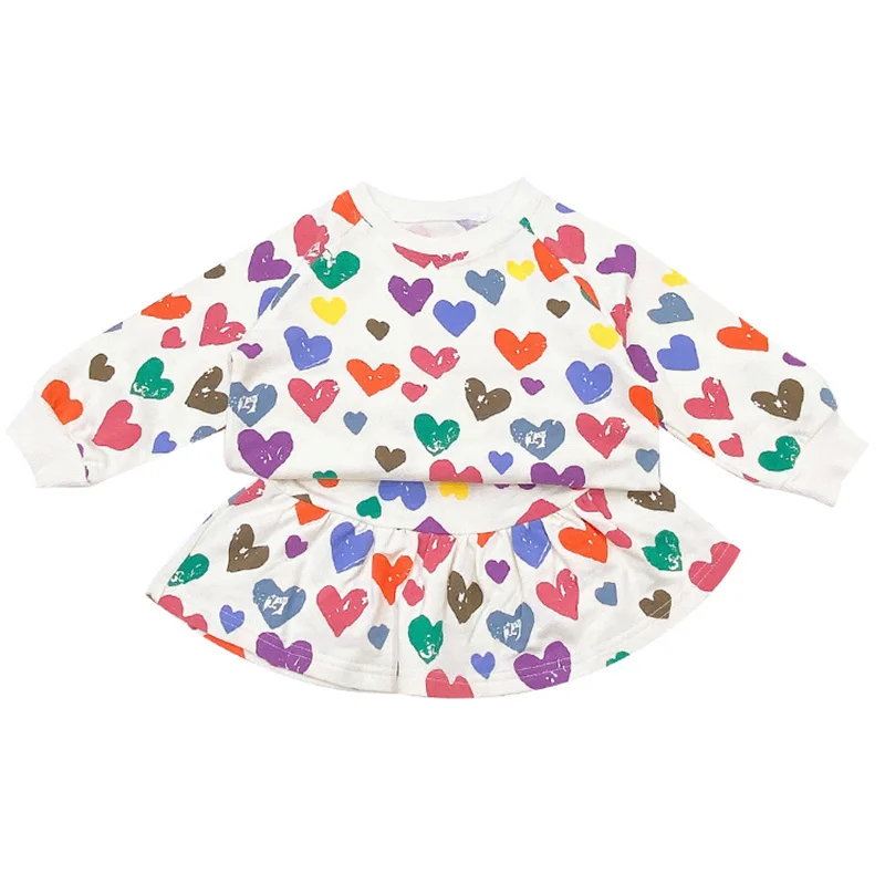 

Spring Cute Girls Clothes Colorful Love Long Sleeve Sweatshirt And Mini Dress Kids Girl 2Pcs Outfit Children Clothing Set
