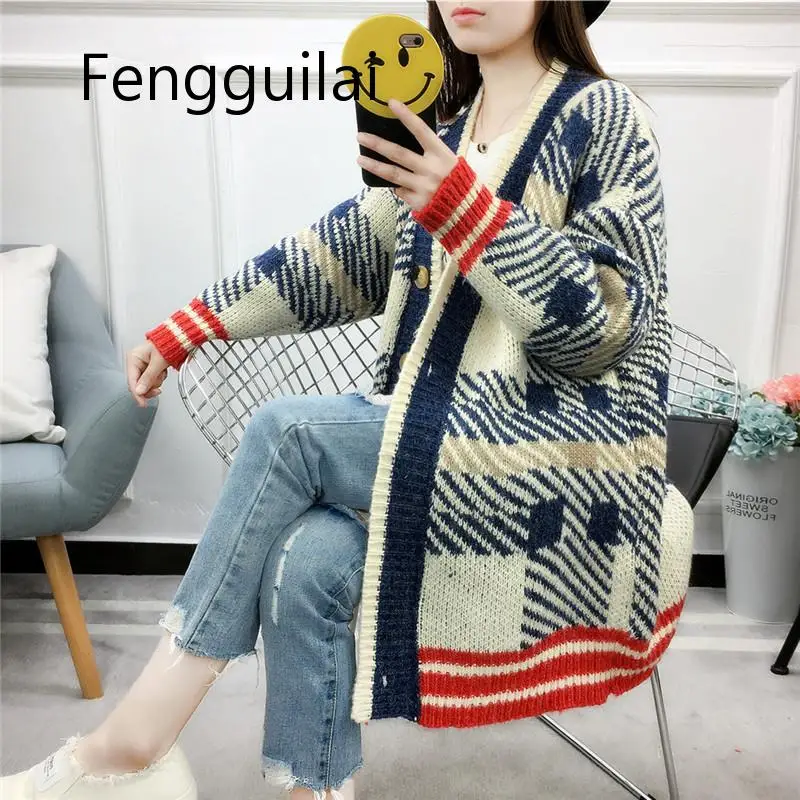 Winter Autumn Sweater Loose Korean Medium Length Long Sleeve V Collar Knitted Stripe Cardigans Women Jumper Pull Femme |