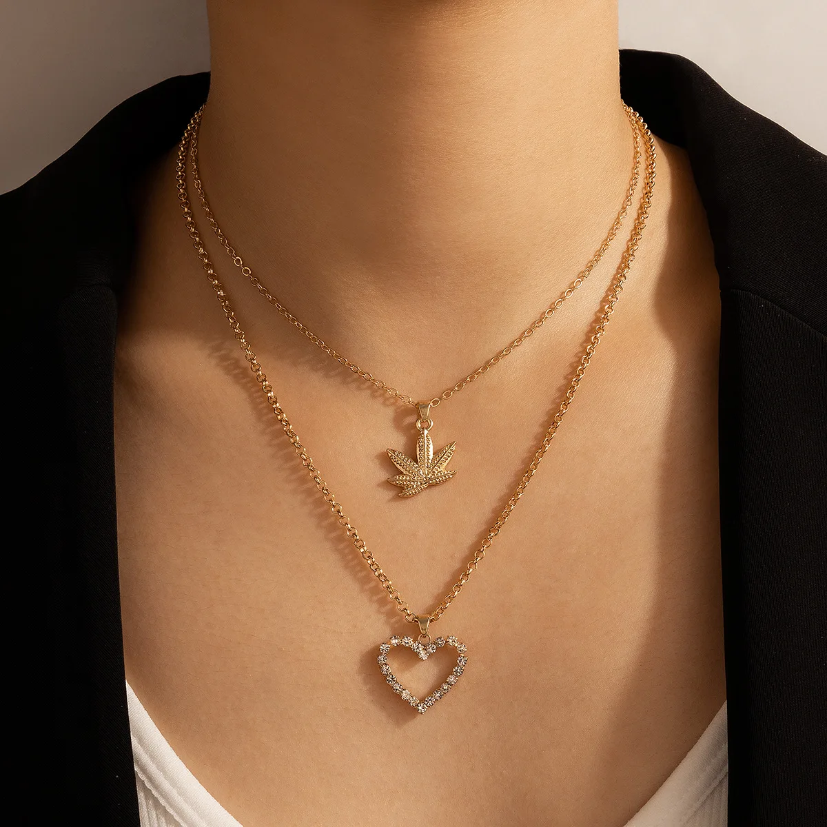 

Simple Double Layer Gold Color Chain Necklace For Women 2021 Fashion Geometric Maple Leaf Hollow Heart Necklace Pendant Jewelry