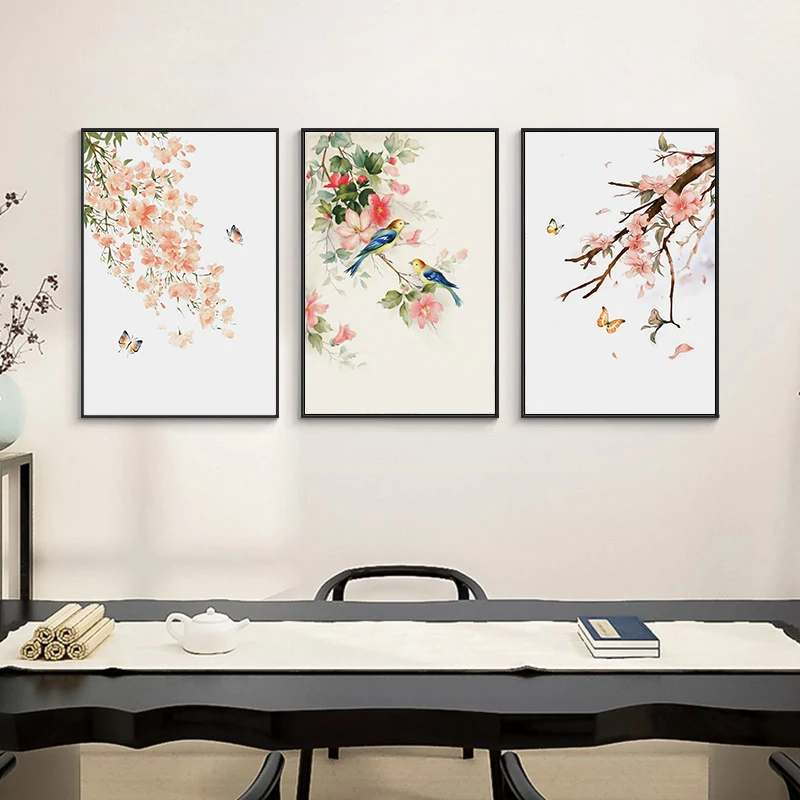 Бабочка птицы розовый цветок китайские чернила Цветочная абстракция на стену
