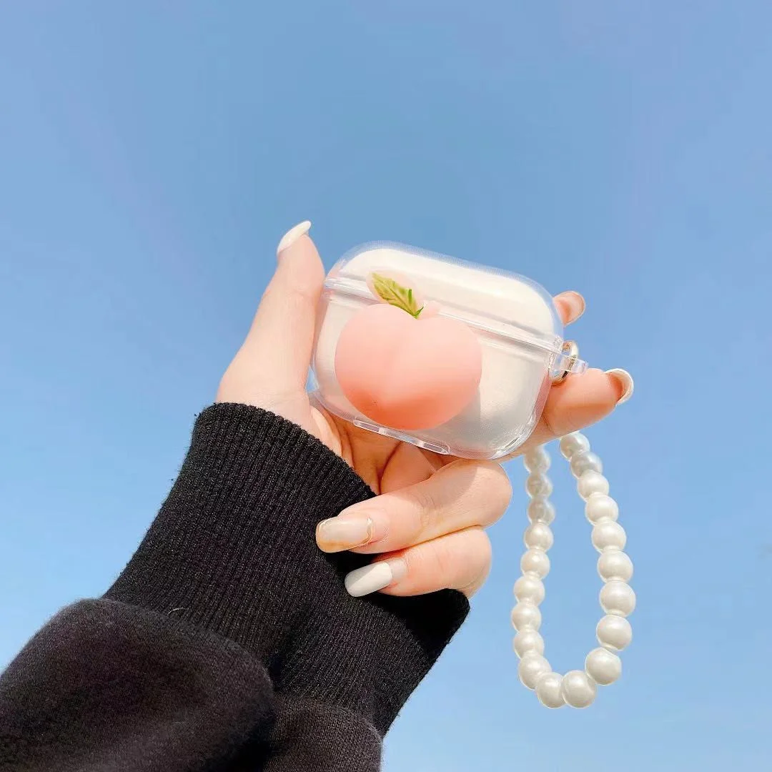 

3D мягкий персиковый розовый чехол для беспроводной гарнитуры Apple airpods 1 2 Pro 3 чехол с жемчужным браслетом подарок для девушки