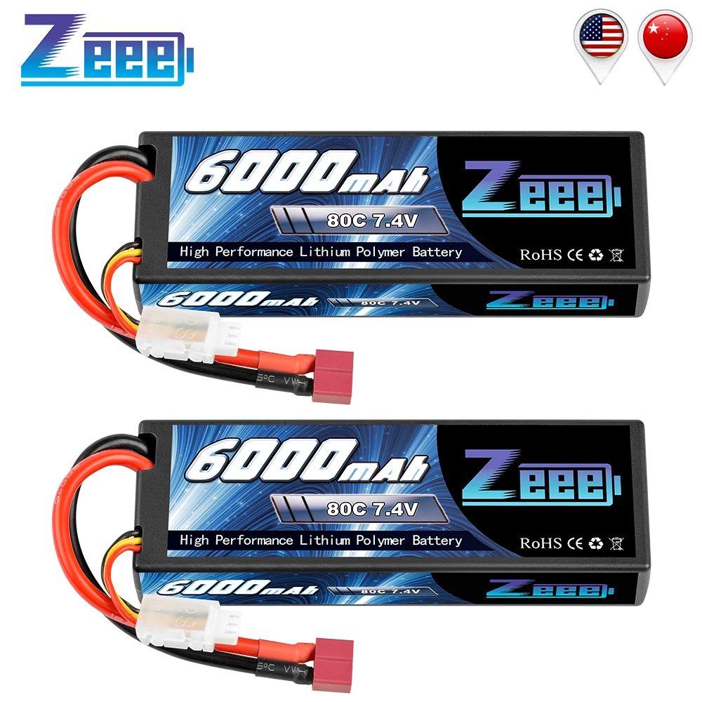 Zeee-bater&iacute;a Lipo de 6000mAh, 2S, 80C, 7,4 V con enchufe Decan, carcasa r&iacute;gida, para coche, cami&oacute;n, tanque, Slash Truggy, 2 unidades-0