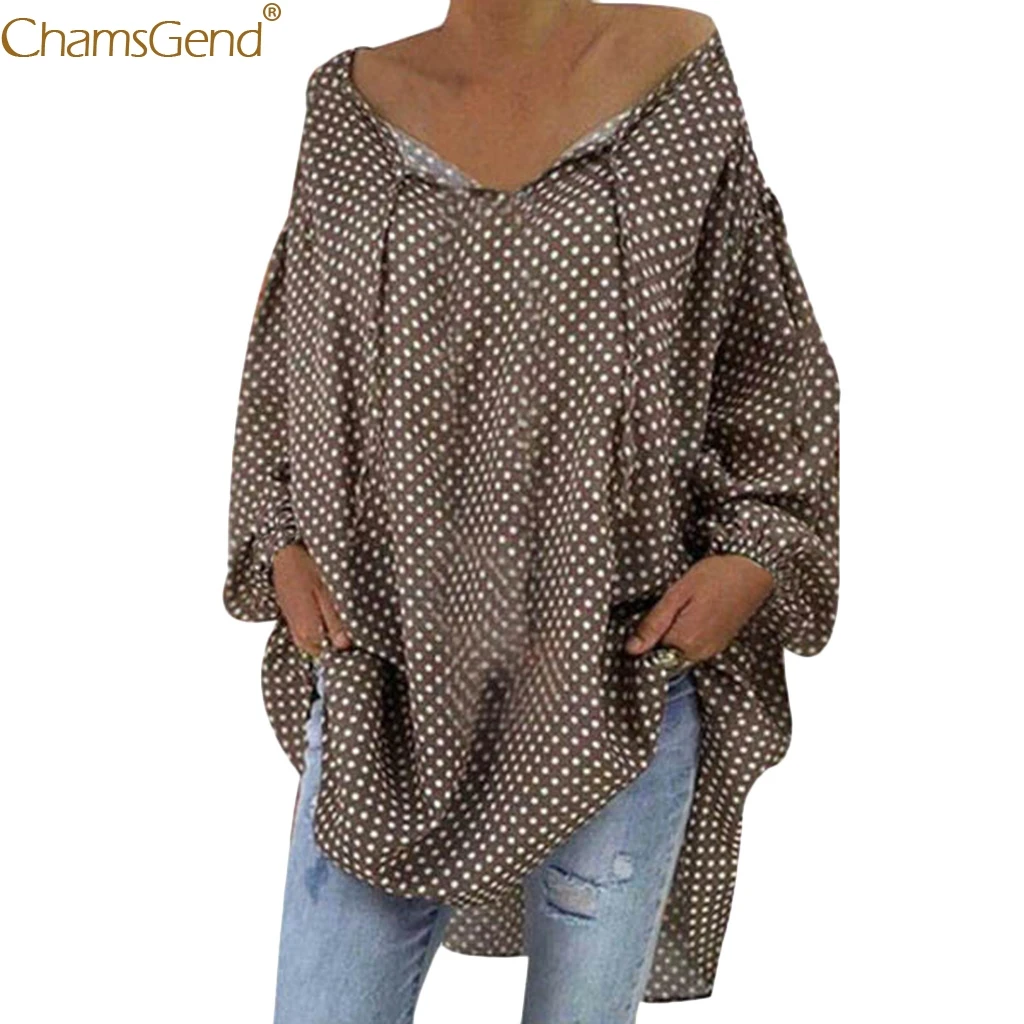 Женские повседневные топы и блузки в горошек с длинным рукавом размера плюс