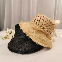 fashionable women summer sun hat natural raffia hollow out style lady handmade wide brim beach hat straw fedora bucket hat
