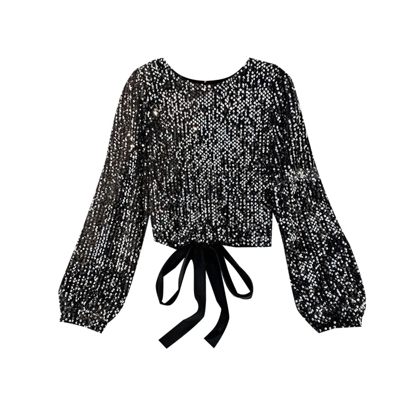 

2020 summer new sequined women blouse and shirts o-neck lantern sleeved short bow bandage high waist female sexy shirts tops