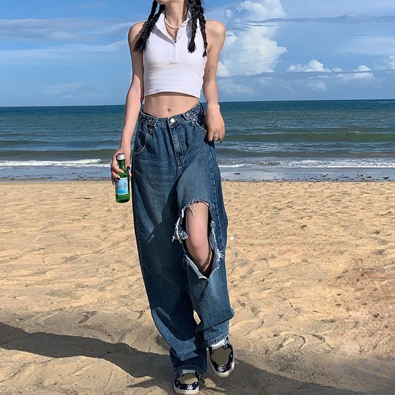 

2021 Plus-Size Women's High Waisted Ripped Jeans Women's Straight Leg Wide Leg Jeans blue pants women jeans vintage streetwear