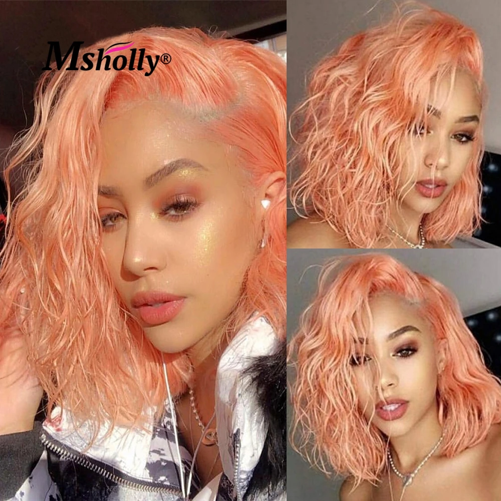 

Colored Short Bob Wig Orange Water Wave Lace Front Human Hair Wigs For Women Pre Plucked Grey Pink HD Lace Frontal Closure Wig