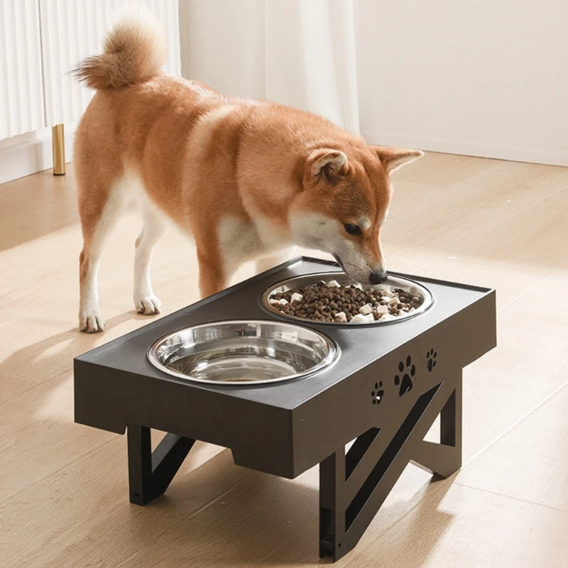 

Anti-Slip Elevated Double Dog Bowls Stainless Steel Water Food Container Adjustable Height Pet Feeding Dish Feeder