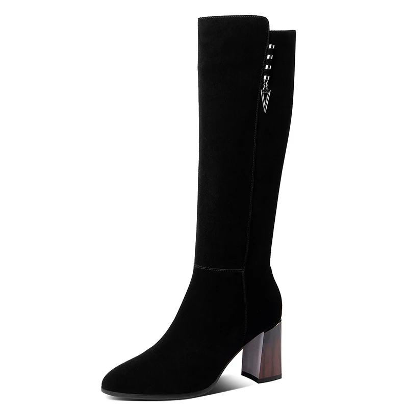 Женские сапоги до колена на Высоком толстом каблуке из натуральной замши женские