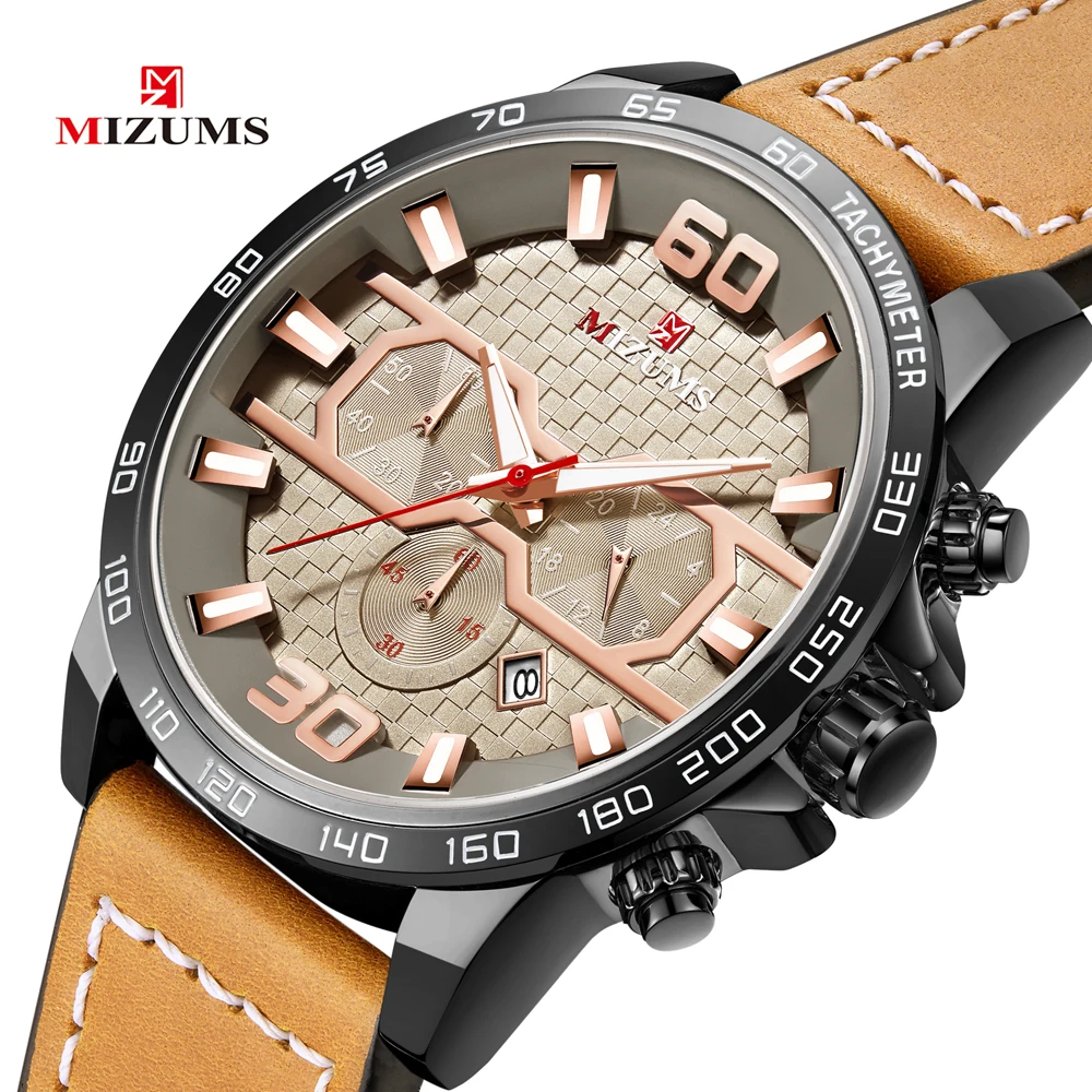 MIZUMS Роскошные Кварцевые часы для мужчин военные кожаные мужские с хронографом