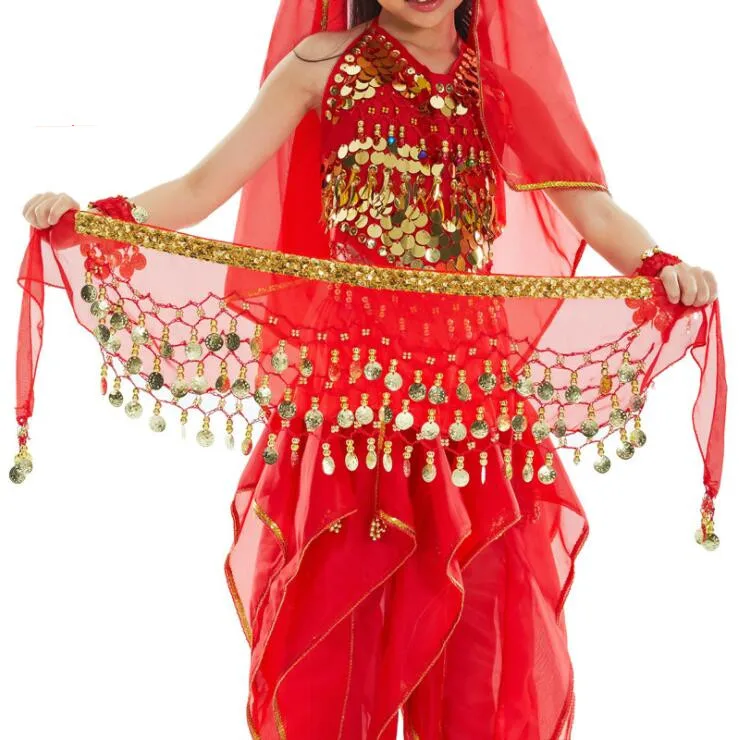 Детский костюм для танца живота Bellydance пояс 3 ряда с золотыми монетами цепочка на