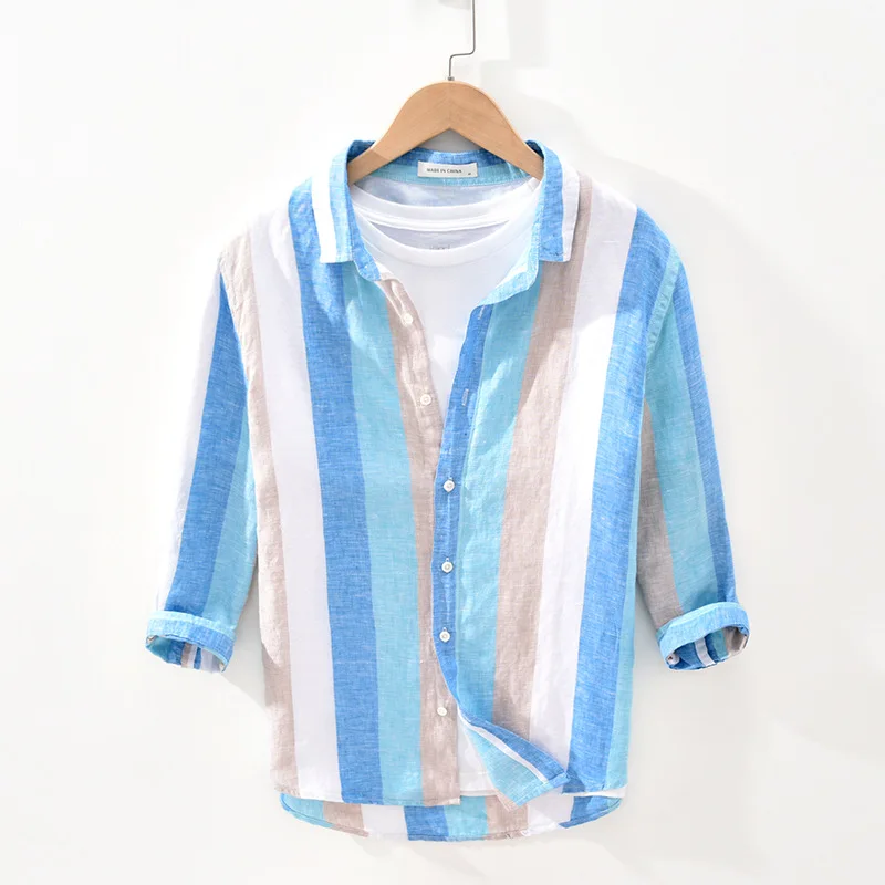 

2061 Summer Colorful Vertical Striped Linen Shirts Youth Three Quarter Sleeve Loose Breathable Thin Fresh Square Collar Blouse