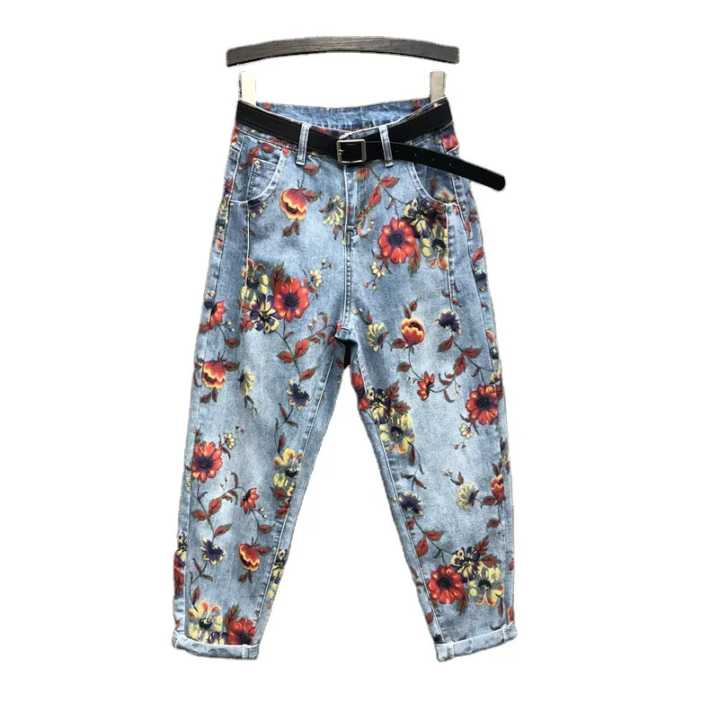 Flower jeans high waist fashion woman denim harem pants flower print loose cropped trousers women's | Женская одежда