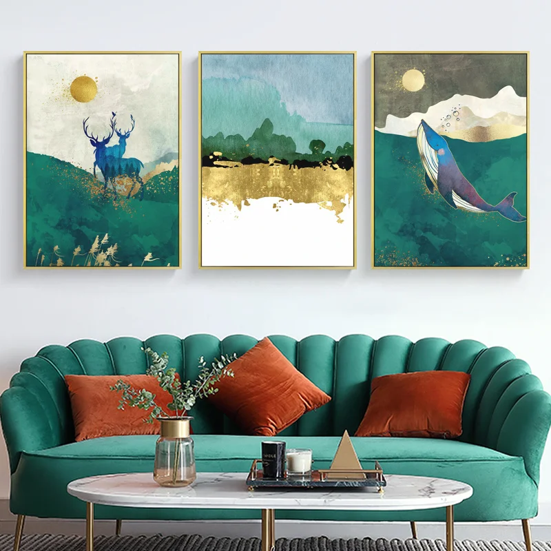 

Abstract Graffiti Blue Ocean Cartoon Whale Deer Yellow Moon Tree Landscape Canvas Painting Wall Picture Poster Room Decoration