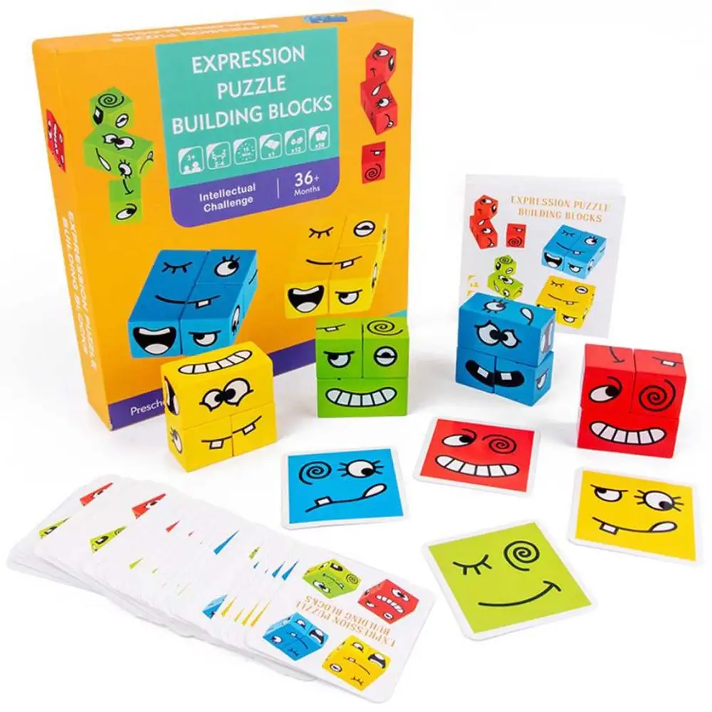 

50 Pieces Expression Matching Game Toy Kids Intelligence Development Wooden Expression Blocks Challenge Toy
