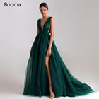 Сексуальное зеленое вечернее платье А-силуэта с глубоким V-образным вырезом и высоким разрезом, выходные платья без рукавов Плиссированное длинное платье из тюля