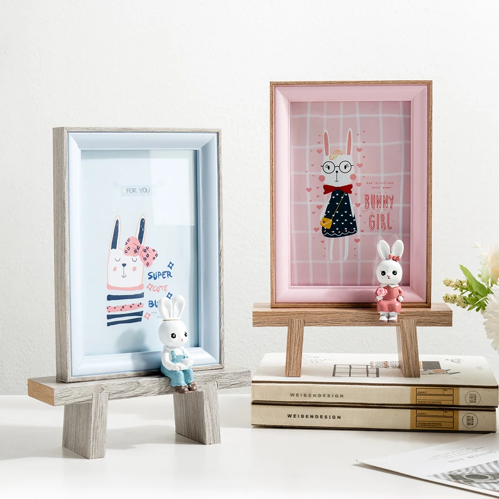 Деревянный 6 дюймов симпатичная фоторамка мультфильм картина с кроликом рамка