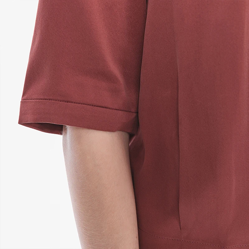 

VOA Silkworm Silk Satin Five-point Sleeve Yuke Pleated Hem Button Decoration Loose Casual Micro-elastic Joker T-shirt BJ88