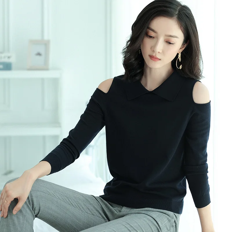 Осенне-зимний модный вязаный свитер с отложным воротником офисный женский