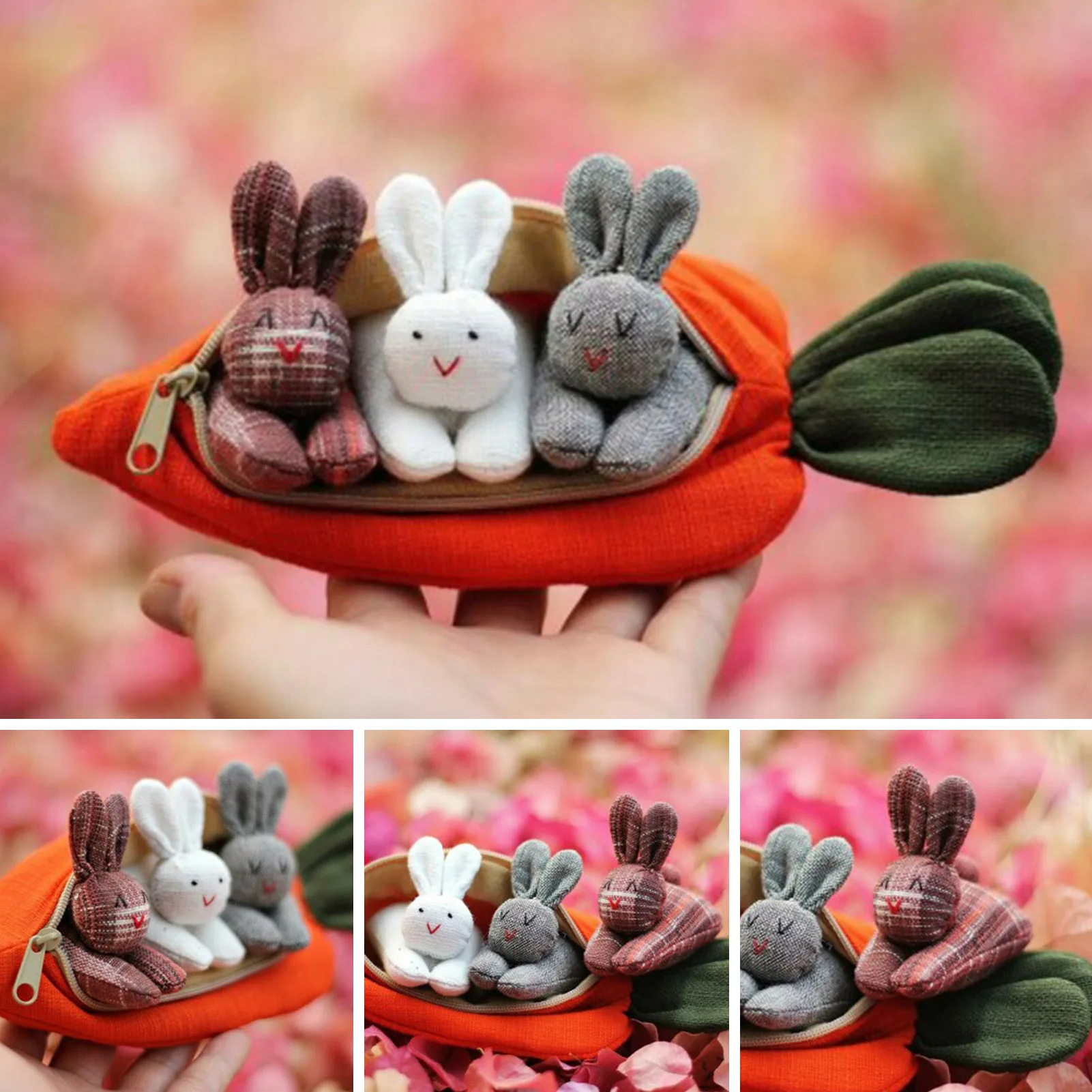 

3 Bunnies In Carrot Purse Easter Gift for Kids Home Holidy Desktop Decoration with Cute Rabbit F2