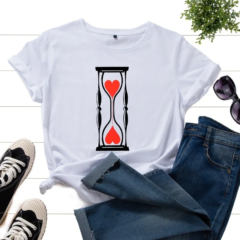 

Summer Female Graphic Fashion Short Sleeve Hourglass Heart Print Vintage Women Daily Regular T-Shirt Ladies O-Neck Tee Top