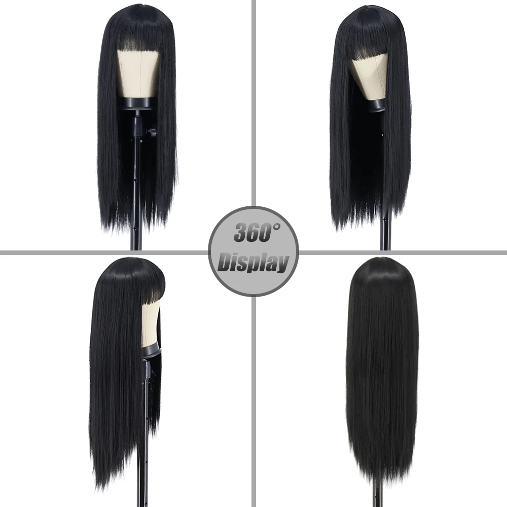 Длинный прямой черный парик с челкой парики из синтетических волос челка париком