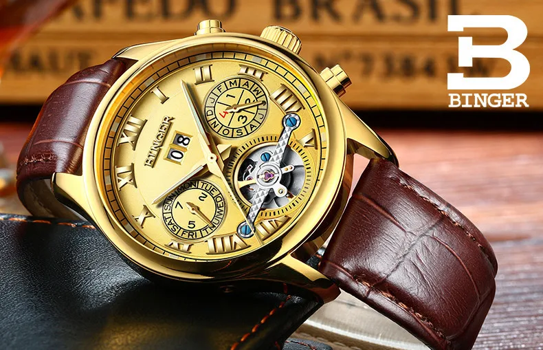 Швейцарские Бингер мужские часы люксовый бренд Tourbillon сапфир светящиеся несколько функций механические наручные часы B8602-7