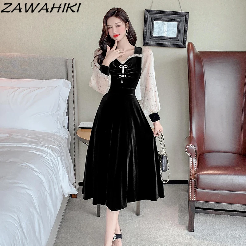 

ZAWAHIKI New Dresses French Square Collar Retro Bowknot Ropa Mujer Patchwork Contrast Color Gold Velvet Mid-length Dress Women