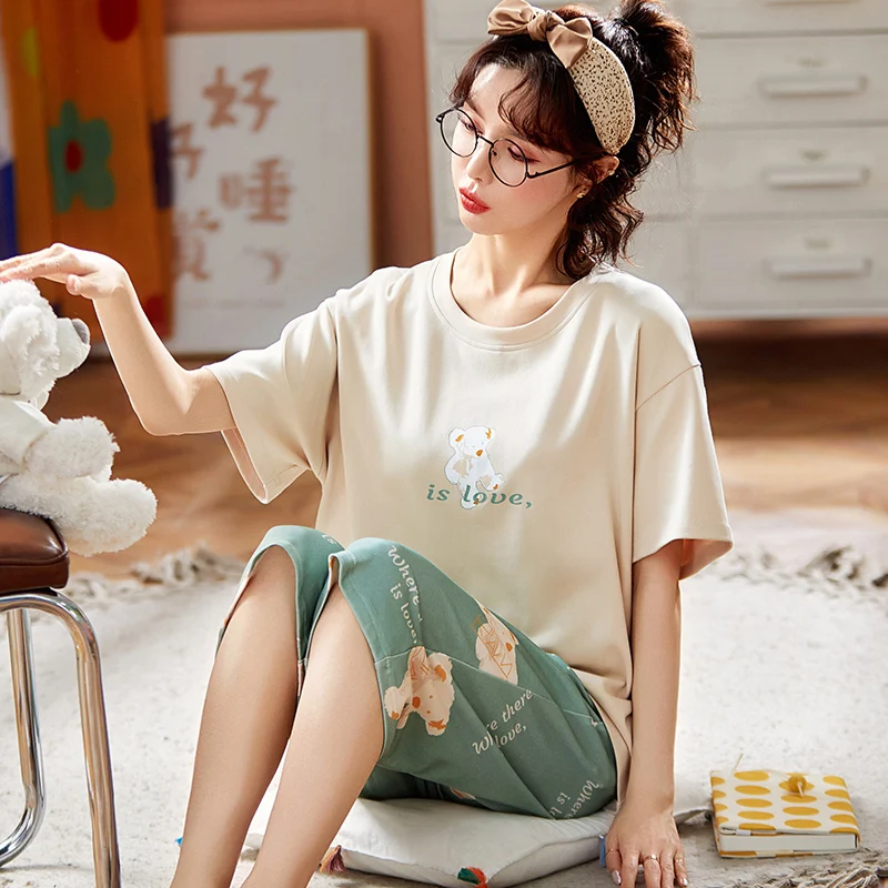 

Cartoon Little Bear Calf-Length Pants Casual Women's Homewear Summer Pajamas Set Women Cotton Short Sleeve Plus Size Sleepwear