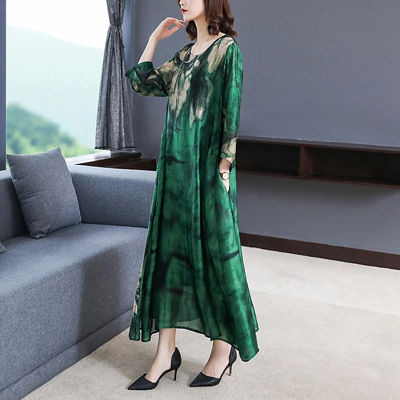 ZUOMAN 2021 Loose Casual Print Mulberry Silk Maxi Dress Spring Summer Vintage 4XL Plus Size Dress Elegant Women Bodycon Party Ve
