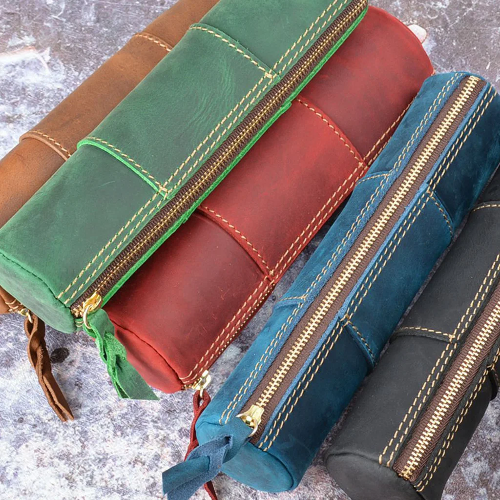 

Stylish Leather Pencil Case Zippers Closure Nice Leather Pen Pouch Retro Leather Coin Purse for Teen Boys Girls Students
