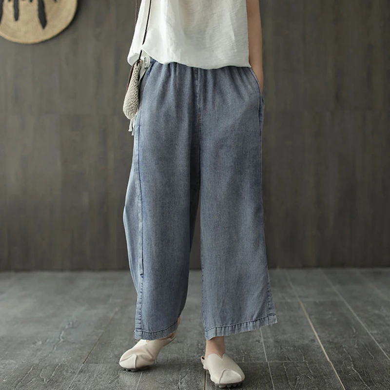 

2020 Spring Summer New Arts Style Women Elastic Waist Loose Tencel Denim Wide Leg Pants Split Design Casual Vintage Jeans S818