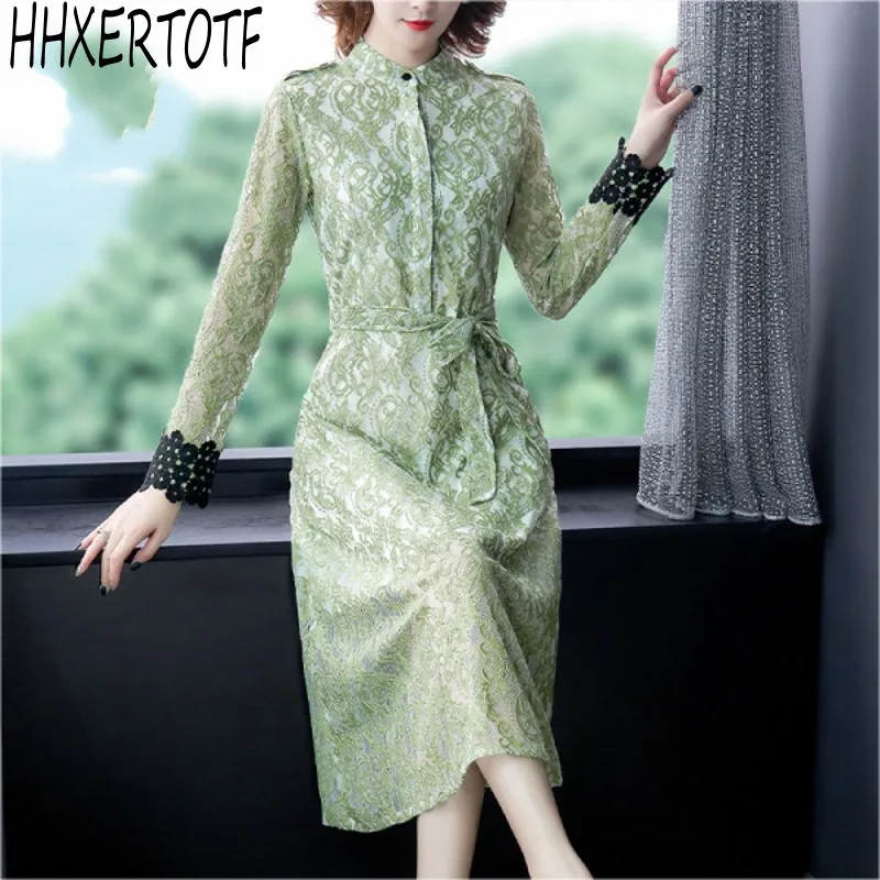 

2021 spring summer Fashion Elegant Sexy women O-Neck Lace Dress Women's long Sleeve Hollow Out dress Vestido