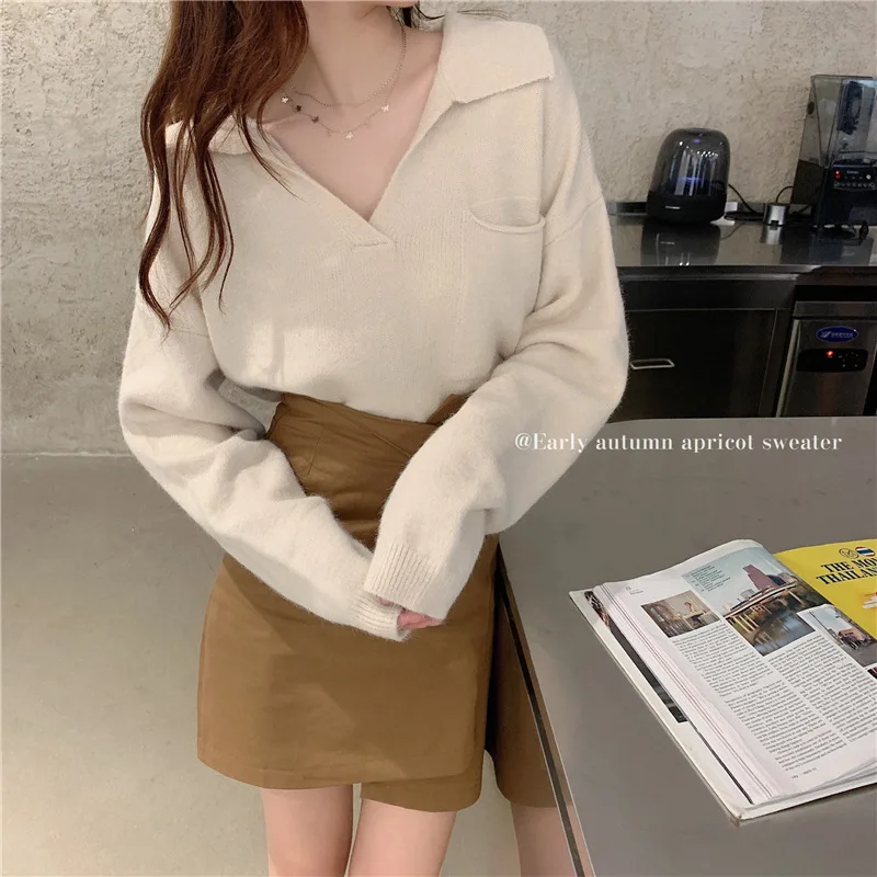 

Women's Knitted Sweater Vintage Knitted Sweater Solid Color Pullover V-Neck Loose Tops for Women 2020 Fall Winter Sweater