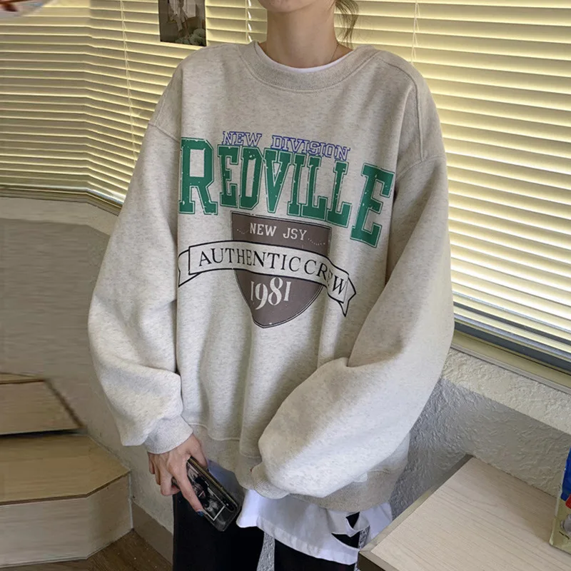 

Blue Letter Printing Oversized Crewneck Sweatshirt Women Harajuku Pullover Loose Long Sleeve Fashion Clothes New Spring 2021