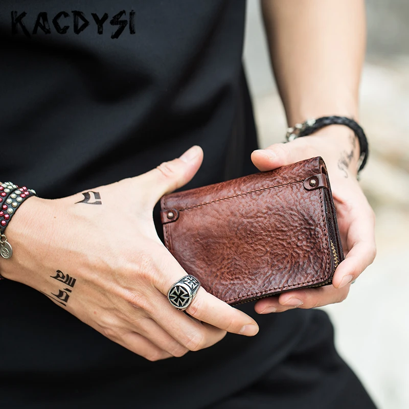 Real Cowhide High Quality Mens Wallets Bifold Money Cash Purse Tanned Vintage Classic Men's Wallet Leather ID Credit Card Holder | Багаж и