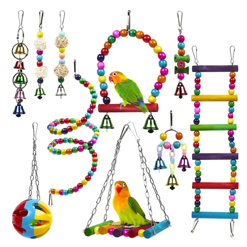 

10Pcs Bird Cage Toys for Parrots Reliable & Chewable - Swing Hanging Chewing Bite Bridge Wooden Beads Ball Bell Toys