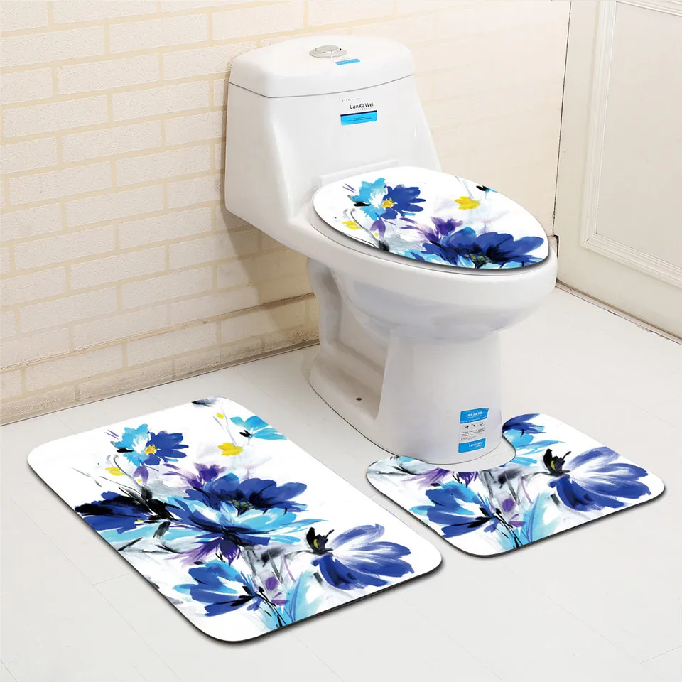 Blue Flower Bathroom Mat Absorb 3D Printed Toilet Rug Set Seat Cover U Shape Floor 3pcs Carpet | Дом и сад