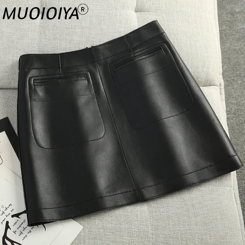 

Spring Autumn Fashion Elegant Women Genuine Leather Casual High Waist Mini Skirt Ladies A-line Short Skirts Black Yellow Green