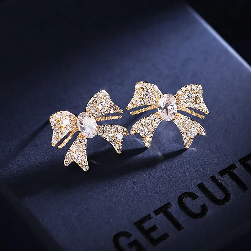 

HUAMI Light Luxury Bowknot Earrings for Women Jewelry Silver Color Needle Inlay Zircon Bijoux Elegant Birthday Gift Korea Style