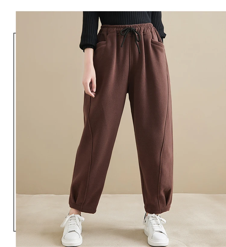 Winter New Trendy Warm Fleece Thick Oversize Loose Casual Trouser Women Solid Color Elastic Waist Versatile Premium Sweatpants