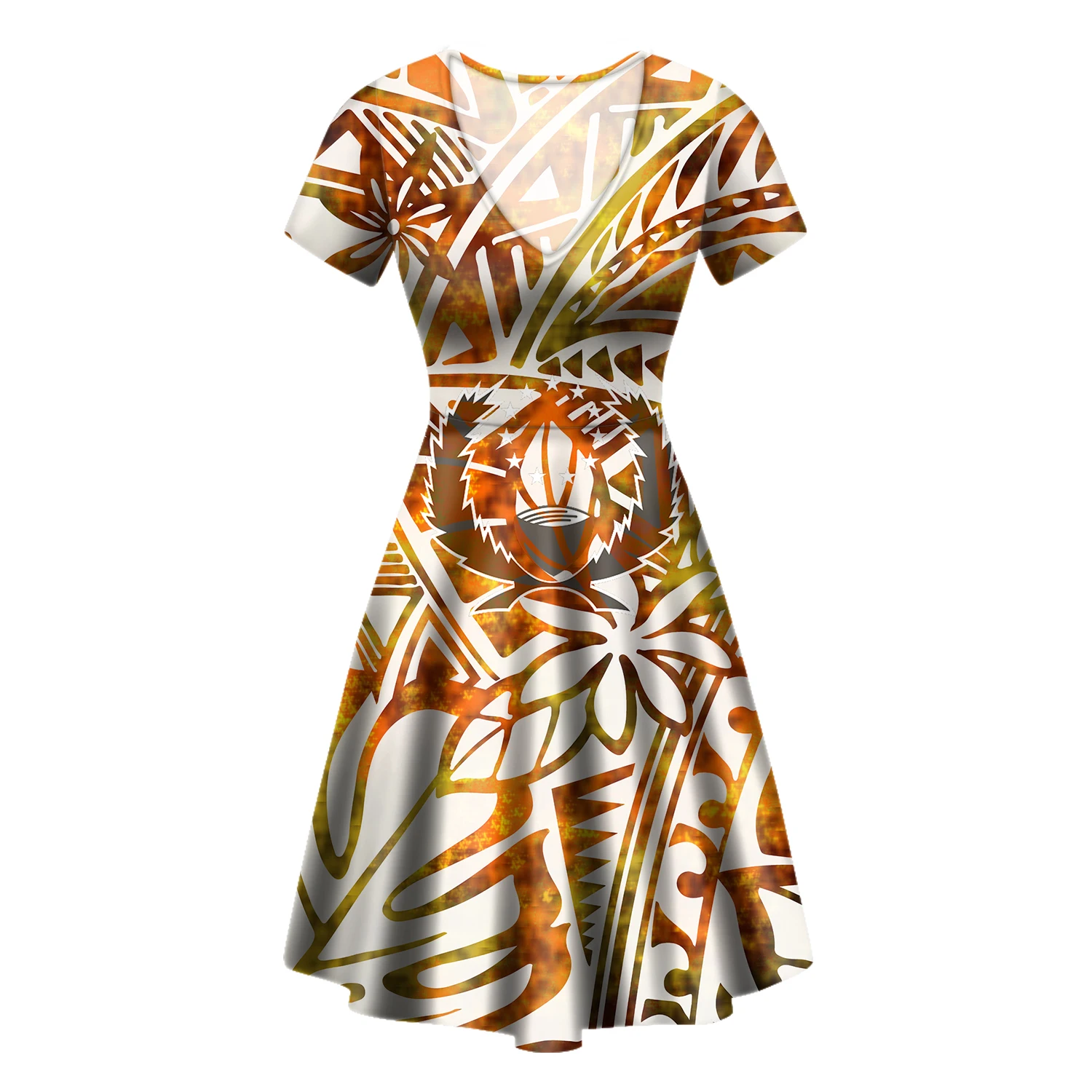 

Romantic Hibiscus Palm Leaf Dresses Vintage Women Polynesian Tribal Pohnpei Bodycon Dress Sexy Evening Wear V Neck Short Sleeves