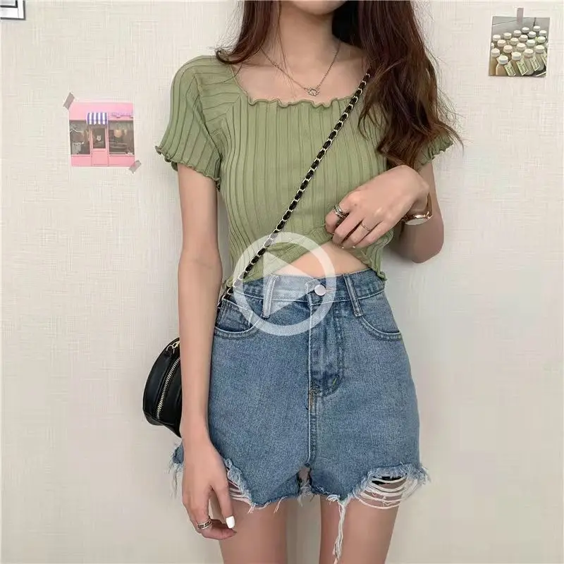 

Women's Off Shoulder T-shirt Knitted Ruffle Jacket Off Shoulder Sexy Off Collarbone Short Sleeve Striped Knitted Bottomed Shirt