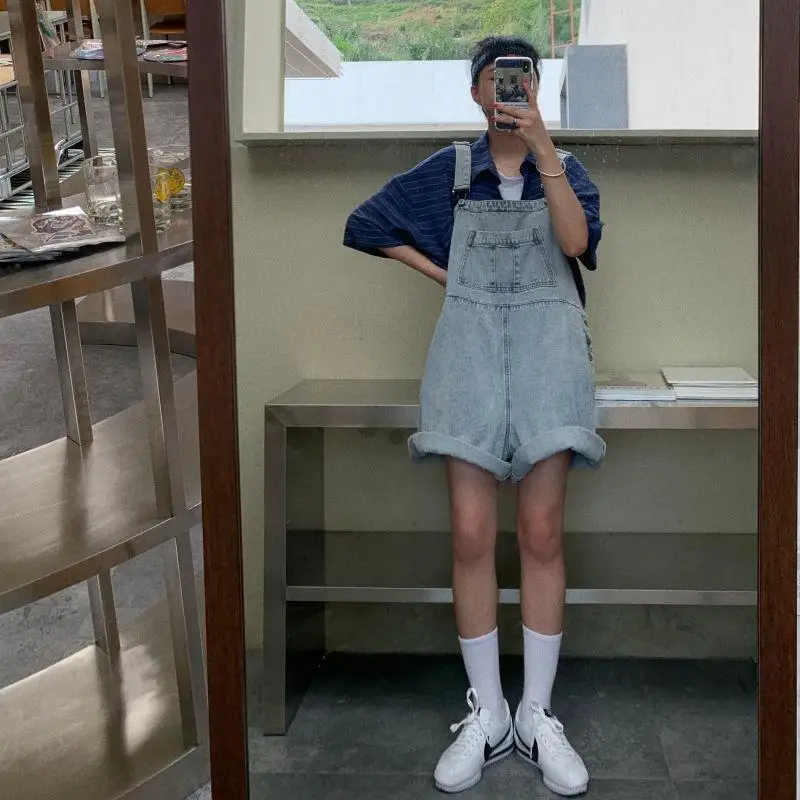 

Rompers Women Denim Wide Leg Pockets Fashion Vintage Summer Thin Streetwear Loose Clothes Blue All-match Casual Aesthetic Preppy