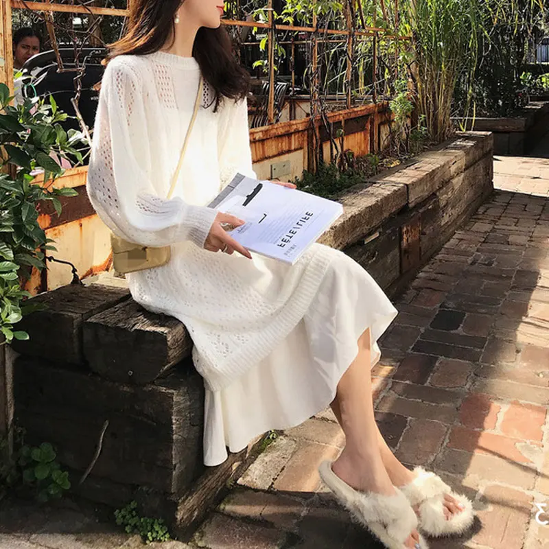 Свитер платье Осень 2019 зима Корейская одежда женские платья мода розовый длинный