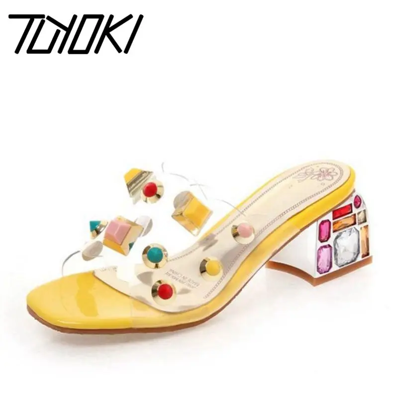 Женские сандалии на высоком каблуке Tuyoki разноцветные стразы пляжные шлепанцы с